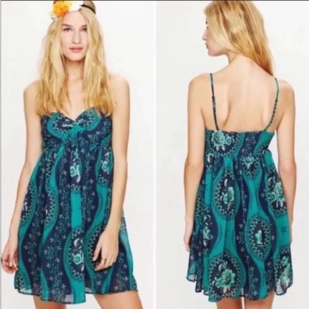 Free People Teal and Navy Paisley Mini Dress